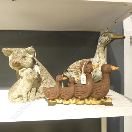 3 GARDEN ORNS CAST IRON DUCK H285MM (full of water) DUCK DOORSTOP & CONCRETE PIG H250MM
