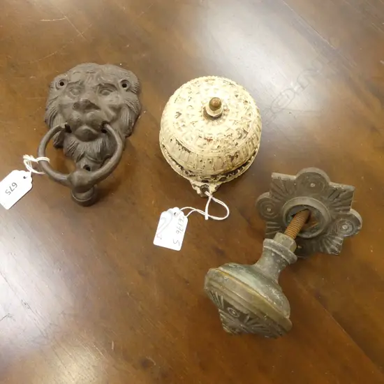 3 ITEMS ARCHITECTURAL HARDWARE, VILLA FRONT DOOR BELL,MAJOR BRASS DOORKNOB & LIONS MASK DOORKNOCKER 