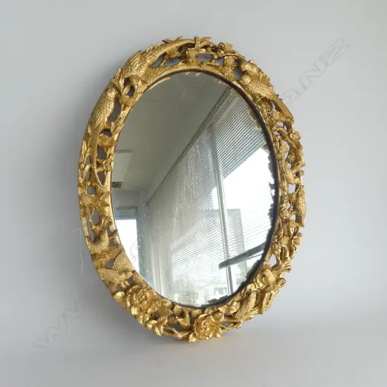 CHINESE CARVED GILTWOOD OVAL WAL MIRROR H580 DIA450MM