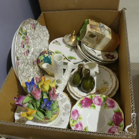 BOX LOT  CHINA TEAPOT STANDS PLATES ETC