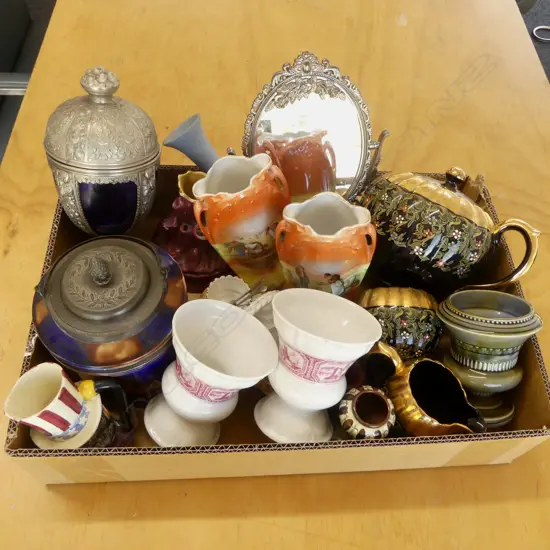 TRAY LOT GIBSONS 3PC TEASET  BISCUIT BARREL EDWARDIAN CHINA ETC