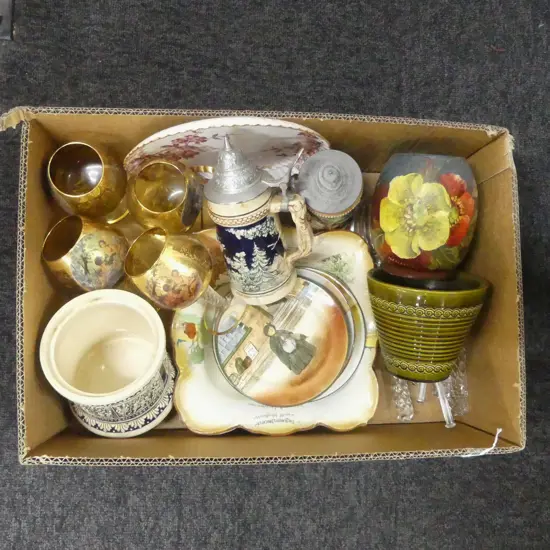 BOX LOT GLASS CUTLERY  GLASSES CHINA ETC
