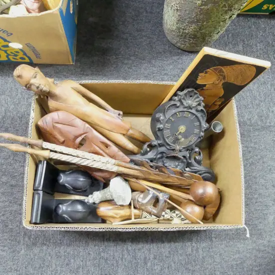 ASST. TRIBAL WOODEN ITEMS; PR FIGURES, ELEPHANT BOOKENDS, CAST IRON CLOCK AF ETC