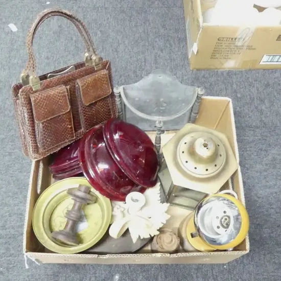 HANDBAG, RED GLASS LENSES, LANTERN ETC