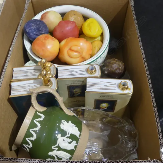 BOX LOT CHAMBER POT  DECANTERS ETC