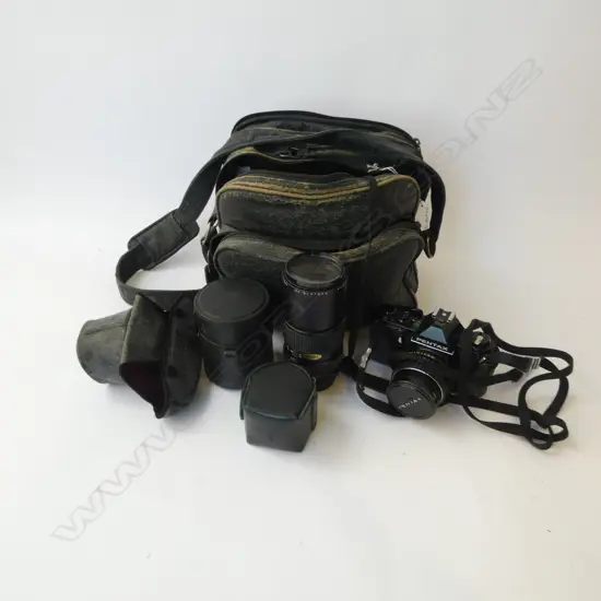 PENTAX 35mm CAMERA 'MV1' with 4 lenses incls Aston DX AUTO ZOOM 80-200mm. Bag showing wear