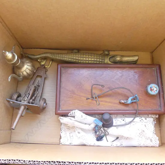 TRAY LOT BRASS CROC NUT CRACKER  L350MM  TOY ARTILLIRY GUN  ETC