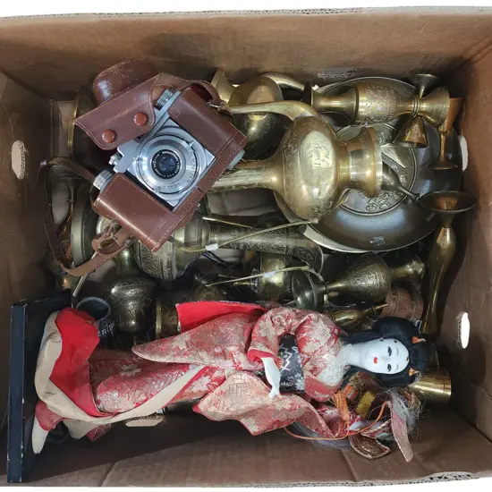 ASST. INDIAN ENGRAVED BRASS w cased leather Lacon camera, geisha doll