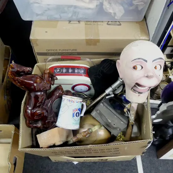 COLLECTION OF ASST. INCLUDING CHINA HORSE CLOCK, VENTRILOQUIST DOLLS HEAD, etc