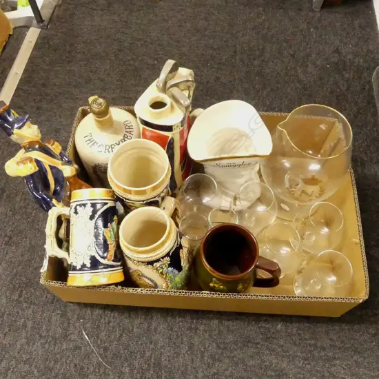 TRAY LOT  DRINK RELATED ITEMS BRANDY WISKEY  STEINS ETC 