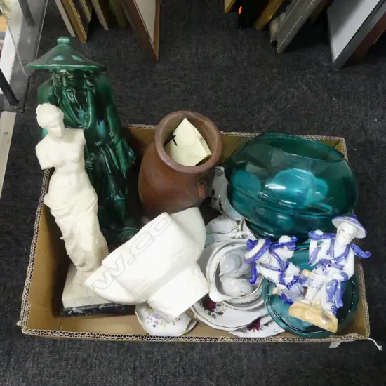 ASST. CHINA; TEA SET, WHITE BESWICK VASE, GREEN ORIENTAL FIGURE ETC