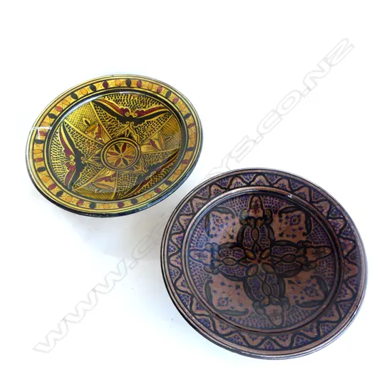 2 VINTAGE MORRACAN POTTERY LARGE BOWLS decoratively painted glossy glaze Dia.425mm