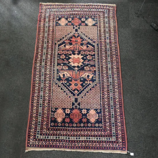 HAND KNOTTED ALL WOOL RUG, DUST PINK, RED & BLUE TONES, 2080x1150mm