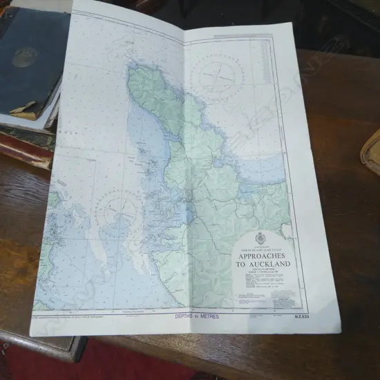 NAVAL CHART OF APPROACHES TO AUCKLAND; PRINTED 1991 720mm x 1100mm