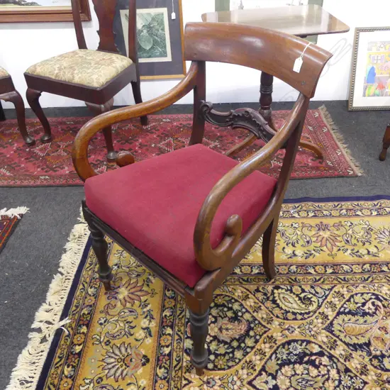 WILLIAM IV MAHOGANY SCROLL ARM CARVER CHAIR with drop-in seat