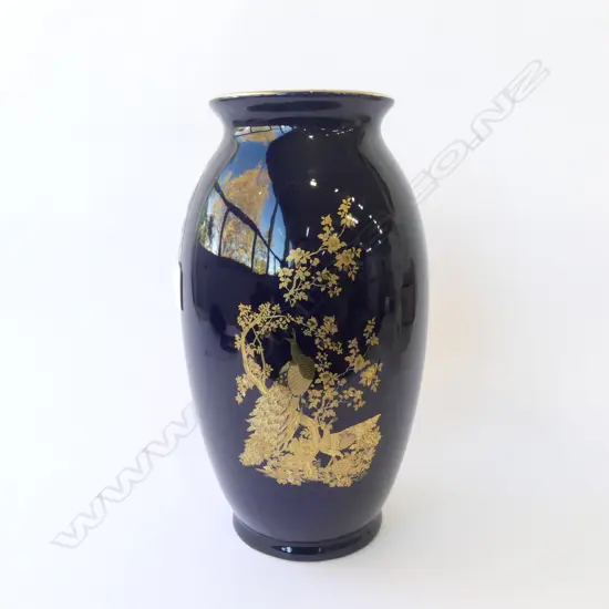LARGE BLUE CHINA VASE GILT BIRD PAT H355MM