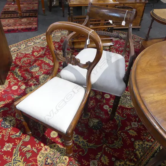 c.1830 REGENCY MAHOGANY CARVER ARMCHAIR + VICTORIAN WALNUT BALLOON BACK CHAIR. Matching upholstery.