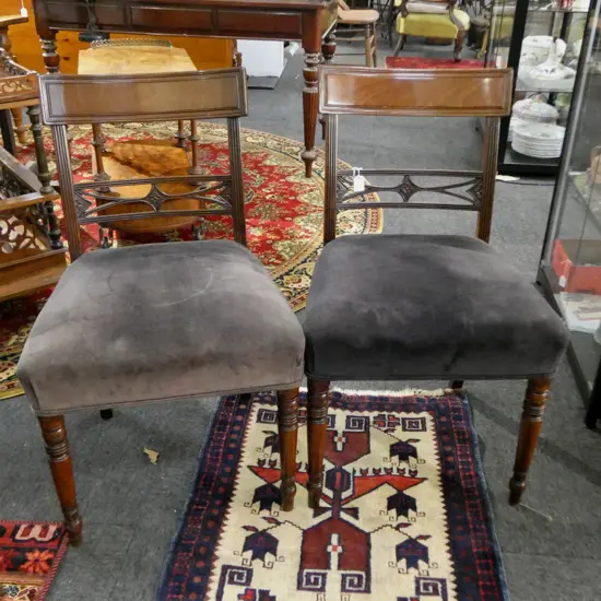 PR ANTIQUE GEO MAHOGANY BOWBACKED HALL CHAIRS CHARCOAL VELVET SEATS H840 W490MM