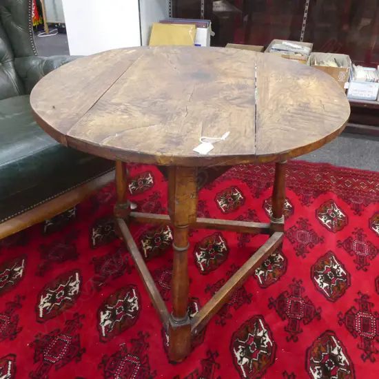 19thC COUNTRY OAK 3 LEGGED SIDE TABLE with stretcher base. 3 plank top