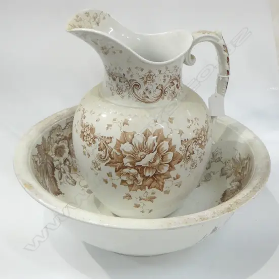 VICT JUG & WASH BASIN  BROWN FLORAL PAT 