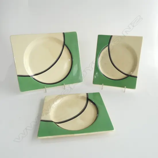 3 HAND PAINTED CLARICE CLIFF RECTANGULAR PLATES, CRAZED, 1 w. HAIRLINE 190x230mm
