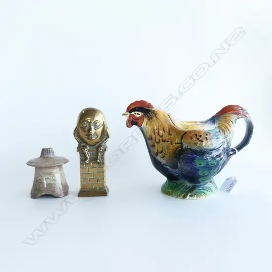 ROOSTER TEAPOT, PIE FUNNEL, HUMPTY DUMPTY BRASS MONEY BANK H.150mm