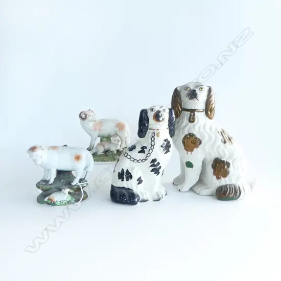 2 ANTIQUE STAFFORTSHIRE DOG ORNS H210 & 170MM  WITH 2 STAFF SHEEP ORNS H100MM BOTH SHEEP FAULTED