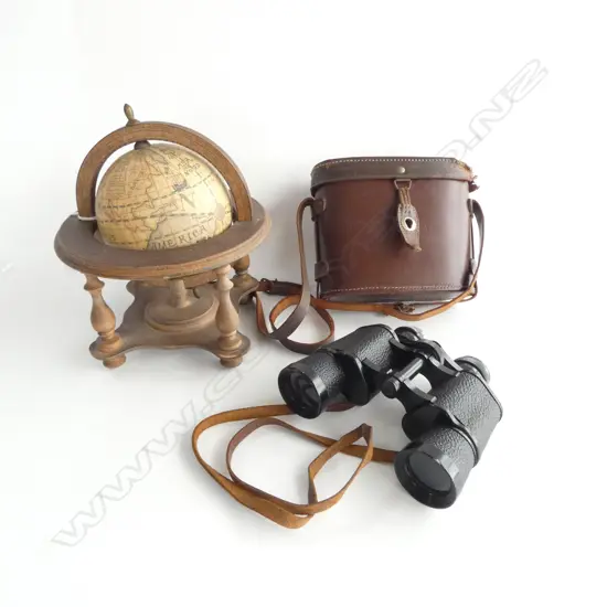 ANTIQUE STYLE GLOBE ON STAND + CASED 'SIAMOR' BINOCULARS (FAULT)