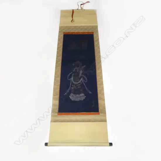 ORIENTAL SCROLL OF GODDESS ON BLUE INDIGO GROUND WITH GILT CALLIGRAPHY POEM