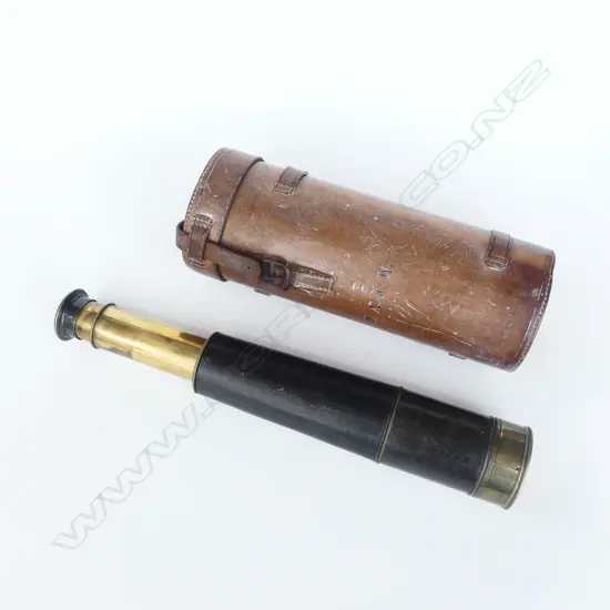 VICTORIAN BRASS & LEATHER 3 DRAW TELESCOPE; IN LEATHER CARRY CASE EMBOSSED 'E.A.J.W.'