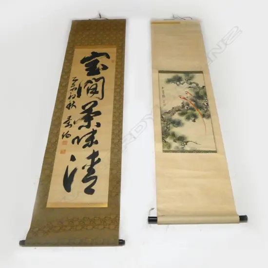 2 ORIENTAL SCROLLS BIRDS + CALLIGRAPHY