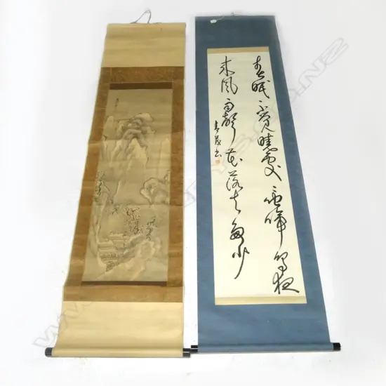 2 ORIENTAL SCROLLS LANDSCAPE + CALLIGRAPHY