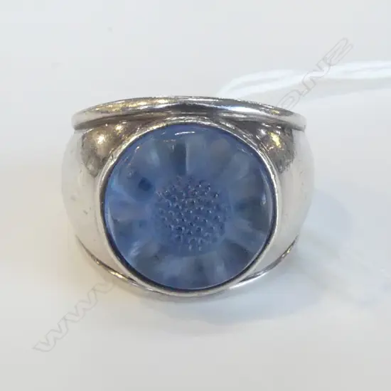 LALIQUE SILVER RING w. BLUE GLASS FLOWER 8.7gms SIZE M