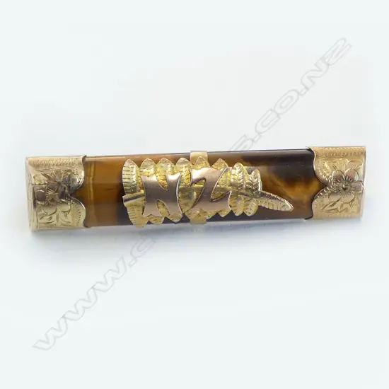 NZ COLONIAL TIGERS EYE BROOCH w 9ct GOLD MOUNTS