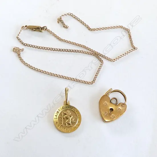 9ct GOLD; HEART CLASP, ST CHRISTOPHER CHARM & SCRAP, 3.86gm