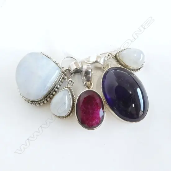 3 SILVER SET PENDANTS; AMETHYST, RED & MOONSTONE & PR SILVER/MOONSTONE EARRINGS, NEW