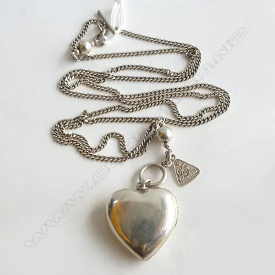 VON TRESKOW SILVER HEART LOCKET AND LONG SILVER CHAIN 36gm