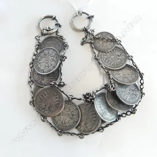 VINTAGE SILVER COIN TRIBAL CHAIN made of late 19thC 1  Mark German coins, L.300mm, 87gm