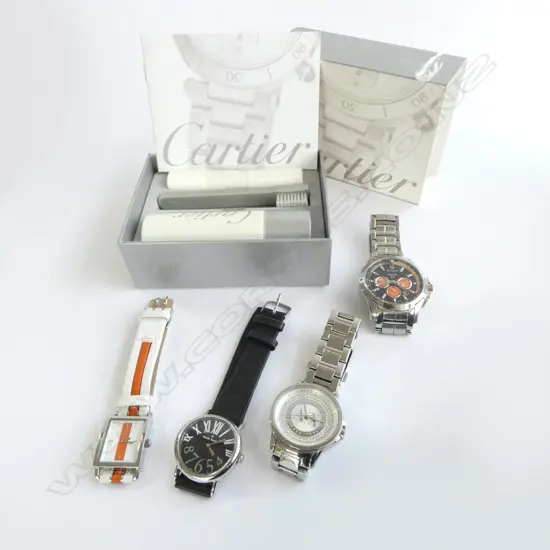 4 FASHION WRIST WATCHES; LACOSTE, BULOVA AF, ARMANI EX, CLAUDE BERNARD + CARTIER CLEANING KIT