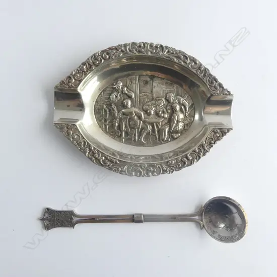 DUTCH SILVER ASHTRAY & COIN SPOON 56GMS