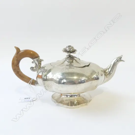 ELEGANT FRENCH  SILVER TEAPOT w. rose finial & turned wood handle, 437GMS