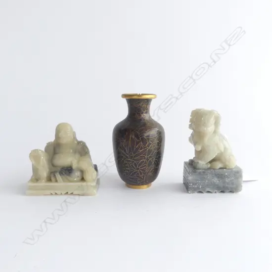 2 CHINESE CARVED STONE FIGURES + CLOISONNE VASE H.110mm
