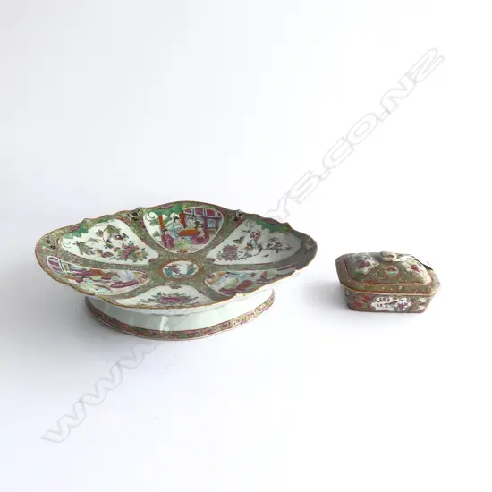 2 x 19thC Chinese Canton famille rose enamelled footed SHALLOW DISH (lge chip) 370mm +  LIDDED SOAP DISH 140 x 110mm