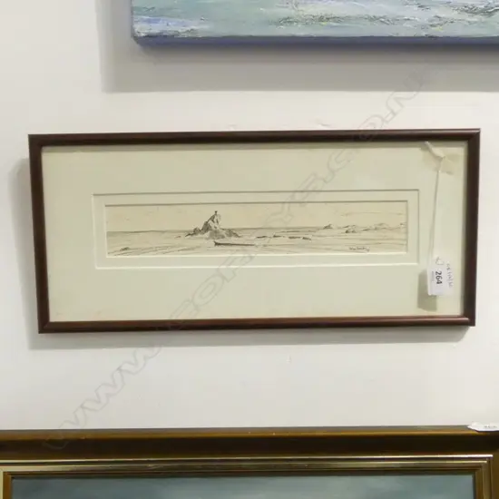 FRAMED INK PEN DRAWING COASTAL SIGNED ANDREW HAMILTON H50 L280MM