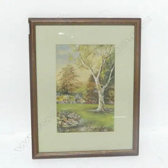 I.M.M. - TREE IN GARDEN, WATERCOLOUR, SIGNED, 210 x 140mm