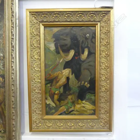 GILT FRAMED OIL JUMBO ATTACK SIGNED PETER PURCELL H240 L140MM