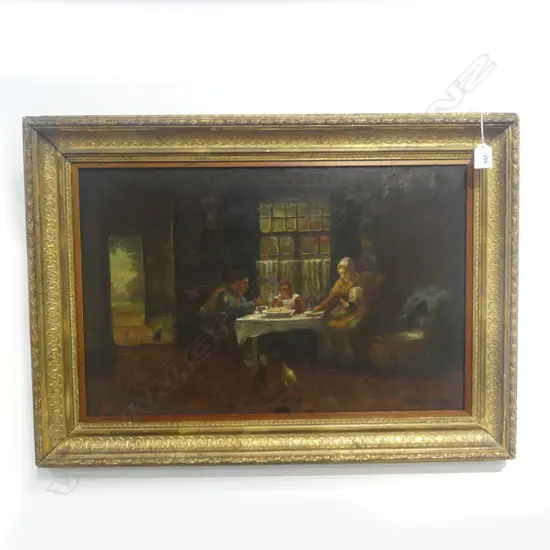 FRAMED OIL ON CANVAS  VICT COTTAGE INTERIOR  SUPPER SCENE  SIGNED 380X590MM