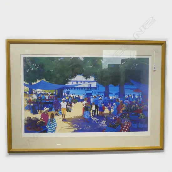 LARGE FRAMED PRINT WATERFRONT MARKET SIGNED TANIA HEBEN H470 W790MM