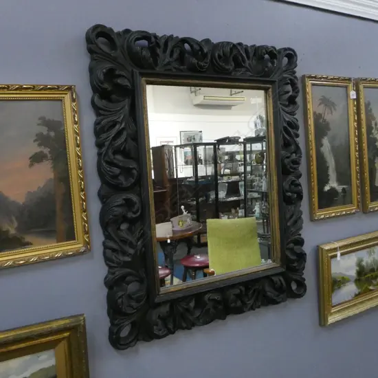 ANTIQUE STYLE MIRROR, ORNATE BLACK RESIN FRAME 1070x870mm