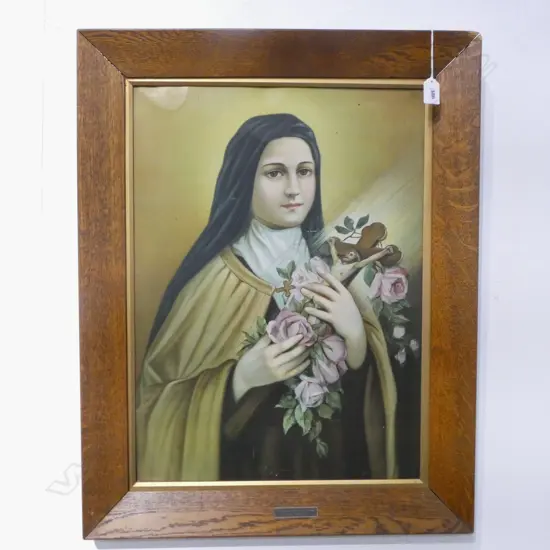 VINTAGE OAK FRAMED OILIOGRAPH ST TERESA H580 W410MM